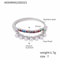 Bague ajustable en acier inoxydable avec zircons colorés et perles d'imitation - US 7 / Argent / Zircone Multicolore