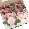 Mixed artificial foam roses in pink and white tones inside a brown gift box with leaves - Gradient Dust Rose