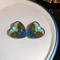 Vintage heart earrings featuring colorful rhinestones in a rose gold finish setting - Rose Gold Gradient Multi-color (Silver Needle-Rose Gold-Green)
