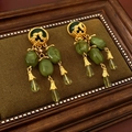 Detail of vintage gold earrings with green jade-like beads and teardrop pendants - 66# Silver Pin-Green
