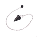 Polished black obsidian hexagonal cone pendulum pendant with elegant silver chain - Black Agate + Bead Chain