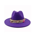 Detail of purple wide brim fedora with bohemian braided band, tassels and seashells - Purple