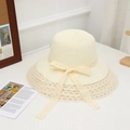 Women's cream straw sun hat with elegant lace trim and a large decorative bow - Three Circle Lace Creamy White