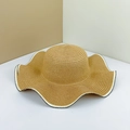 Natural straw sun hat with wavy wide brim and black contrast stitching finish - M (56-58cm) / Light Coffee