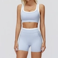 Two-piece ribbed yoga set in light blue with layered sports bra and high-waist shorts - S / Top And Bottom (Bra And Shorts) / Mist Blue