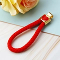 Red braided leather keychain with golden heart pendant and metal clasp for handbags - Red Heart Rope - No Buckle