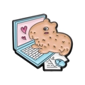 Cute brown capybara enamel pin using a blue laptop with pink hearts on white background - Working Style (XZ9921)