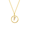 Gold plated stainless steel necklace featuring a letter F pendant with zircon inlay - Letter F (S-N051-F)
