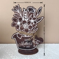 Detail view of wood Mother's Day flower ornament with size markings 13cm by 19.5cm - MZ804D / Brown