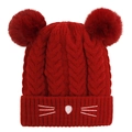 Detailed knit texture of a dark red baby hat with fluffy pom-poms and cat embroidery - One Size / Red