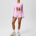 Completo yoga 3 pezzi rosa pallido con giacca con zip, asole per pollici e pantaloncini - Taglia S / Top E Pantaloni / Set da 3 Pezzi / rosa ciliegia