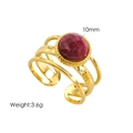 14K gold-plated stainless steel open ring with 10mm round faceted red gemstone - R6-Rhodonite