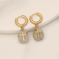 Detail of gold cross drop earrings with light grey teardrop stone on white ceramic - Labradorite (11#)