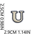 Detail of small ivory embroidered letter U patch with navy border and size measurements - U (Beige)