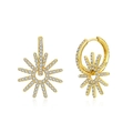 Macro shot of gold sunburst earrings with white zircon pavé and secure clasp - Clear Zirconia Style / Gold