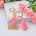 Letter Z crystal resin keychain with pink shells gold foil and a pink tassel charm - Letter Z