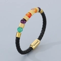 Black braided leather bracelet with seven colored gemstone beads and golden magnetic clasp - 21cm / Gold Color (KB179957-YA)