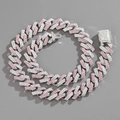Macro shot of 15mm iced-out pink and silver Cuban link necklace with diamond box clasp - 20 Inch (50cm) / Silver Pink White