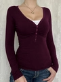 Y2K dark purple long sleeve V-neck top with button detail and lace camisole layer - S / Deep purple