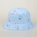 Close-up of light blue kids bucket hat featuring pink cherry and white heart patterns - 1-6 Years / Light Blue Cherry No.3