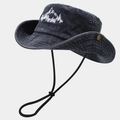 Outdoor hiking sun hat in washed navy denim with mountain embroidery and chin strap - M (56-58cm) / Navy Blue