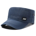 Men's vintage navy blue washed denim flat top army cap with breathable metal eyelets - Navy Blue