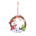 Christmas snowman wicker wreath hanging ornament with green tree and festive red ribbon - Snowman