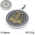 Dual-sided Viking Mjölnir pendant with Vegvísir compass in vintage gold and silver finish - Retro Black Gold Two-tone Mjolnir Pendant (KP116053-MZOZ) / Pendant Only