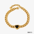 Golden stainless steel Cuban link bracelet featuring a large black heart zircon pendant - Gold Bracelet + Black Zirconia (SBK315)