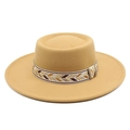 Detail of wool felt boater hat with ethnic chevron woven band on wide flat brim - M (56-58cm) / Camel