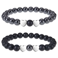 Macro shot of tiger eye and obsidian beaded heart bracelets with contrasting matte and glossy beads - Hematite Set Bracelet