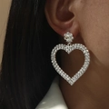 Elegant silver heart drop earrings with sparkling rhinestones for bridal weddings - Silver Hollow Heart Style (DTE1516232S)