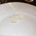 Minimalist creamy white resin crescent stud earrings with silver needle on white plate - Silver Earring Post-White