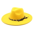 Detail view of yellow wide brim wool fedora with black ribbon bow and gold chain trim - M (56-58cm) / Yellow