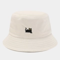 Close-up of cute black cat embroidery on a beige cotton bucket hat with parallel stitching - M (56-58cm) / Beige