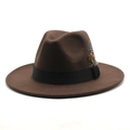 Detail of a brown wool fedora hat featuring a black ribbon band and elegant feather accent - Dark Coffee