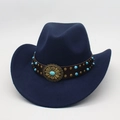 Detail of navy wool cowboy hat featuring turquoise studs and floral metal buckle - Navy Blue (Floral Leather Belt)