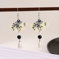 Chinese style fan-shaped earrings with bamboo ink pattern and teardrop pearl charms - White K Ink Bamboo Fan (7043)
