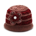 Winter knit hat for elderly women in deep red with 3D floral pearl and rhinestone detail - One Size / Pink