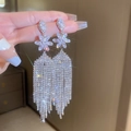 Long silver fringe earrings with rhinestone floral design and cascading chains - 28# Silver Earring Post-Silver-White Diamond Flower