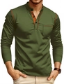 Army green long sleeve men's polo shirt with brown contrast piping and henley collar - Army Green