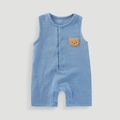 Pagliaccetto neonato senza maniche in garza di cotone celeste con ricamo a forma di orso - 66CM / Blu