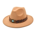 Detail of wool fedora with brown braided leather band and turquoise stone accent - M (56-58cm) / Camel