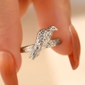 Unisex punk eagle ring with intricate silver feathers and red stone detail - Vintage Hawk Style (6486)