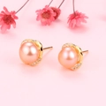 Elegant pair of pink pearl stud earrings with gold crown setting and zircon accents - 925 Silver / Pink Pearl (Gold)