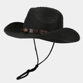 Detalle de sombrero vaquero de paja negra con banda de cuero y remaches de sol - Talla única / Negro
