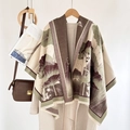 Imitation cashmere shawl with lotus pattern in brown and green tones featuring fringe edges - Lotus-Green