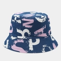 Close-up of graffiti letter patterns and multi-stitch brim on navy blue bucket hat - Navy Blue, Pink & White Graffiti (#17)