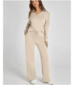 Two-piece casual lounge set with V-neck long sleeve top and wide-leg pants in beige - Light Khaki