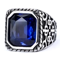 Vintage stainless steel ring for men with deep blue rectangular gemstone and ornate carvings - US 7 / Deep Blue Stone